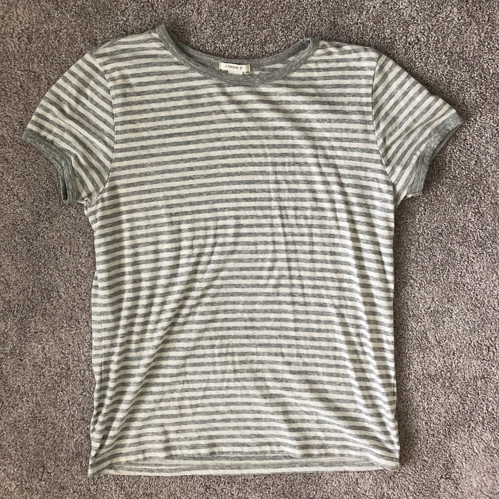 Forever 21 Size L White/Grey Striped Tee